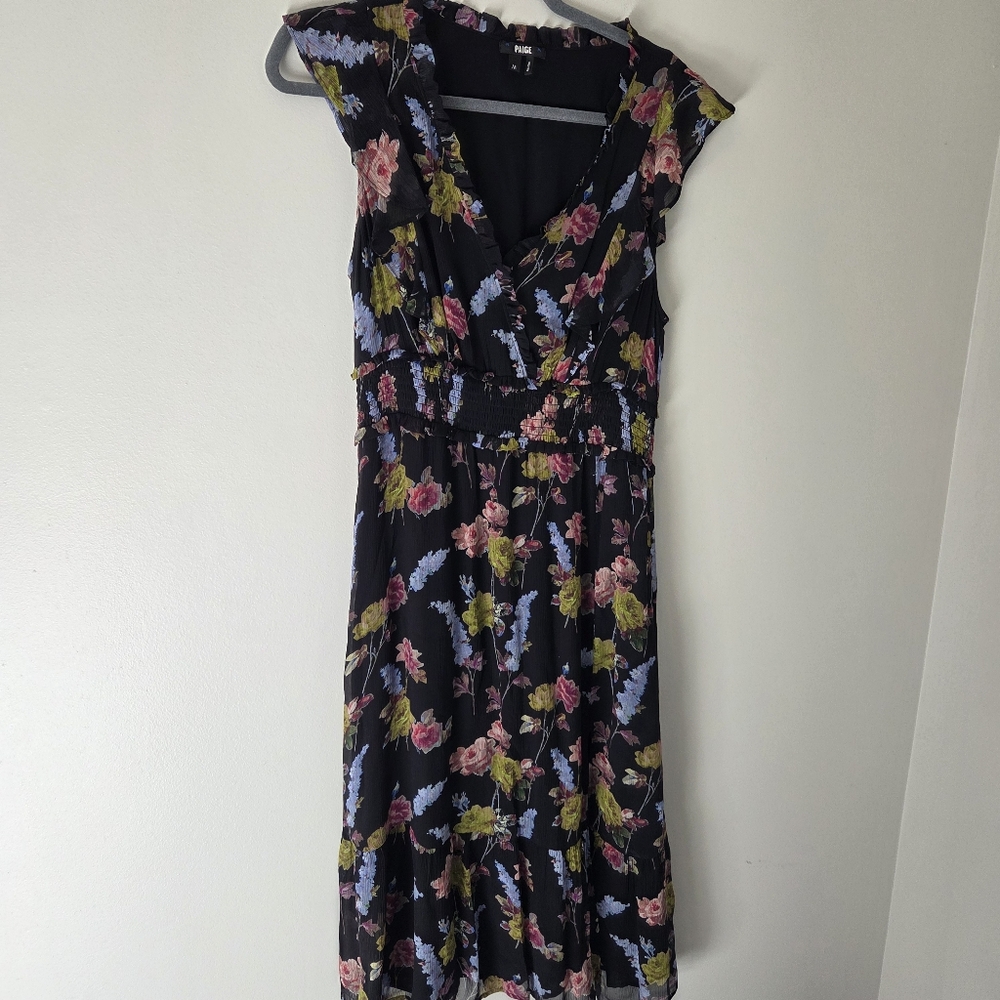 Paige Katharina Silk Black & Floral Print Midi Dress